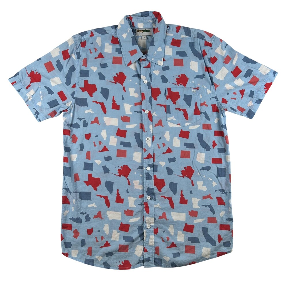 Tipsy Elves Shirt Mens XL Blue USA State Map Short Sleeve Button Up Patriotic